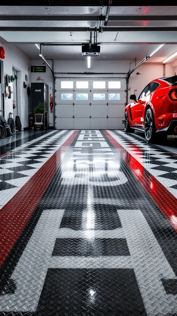 A custom garage floor design featuring polished checkered patterns and a logo, showing a red sports car parked.