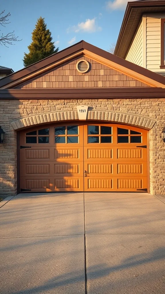 Custom panel garage door with warm color and stone wall