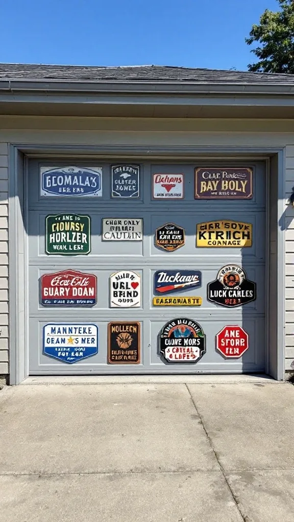 A garage door decorated with various colorful magnetic signs, showcasing different names and messages.