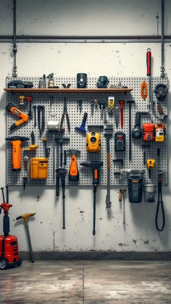 A pegboard system in a garage, displaying various tools including drills, saws, and other essential equipment.