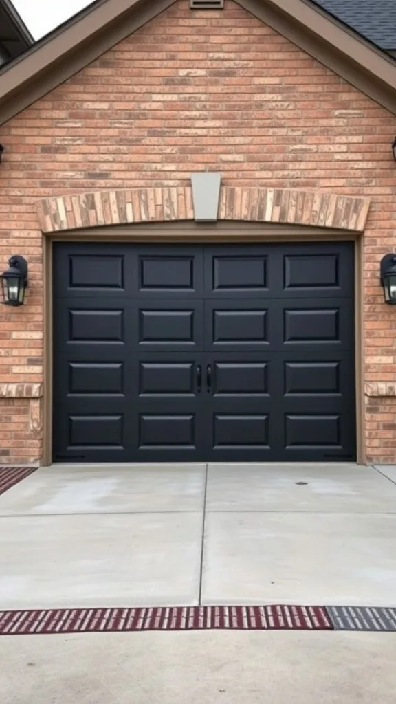 A modern black garage door against a brick wall, showcasing a sleek design.