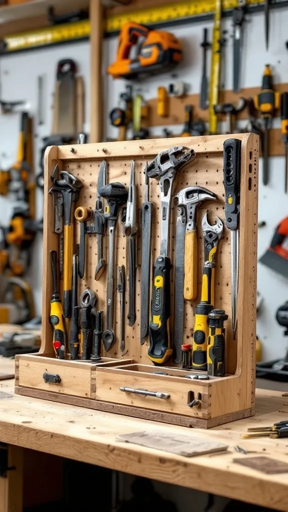 A wooden tool organizer filled with various tools, showcasing a neat and organized garage workspace.