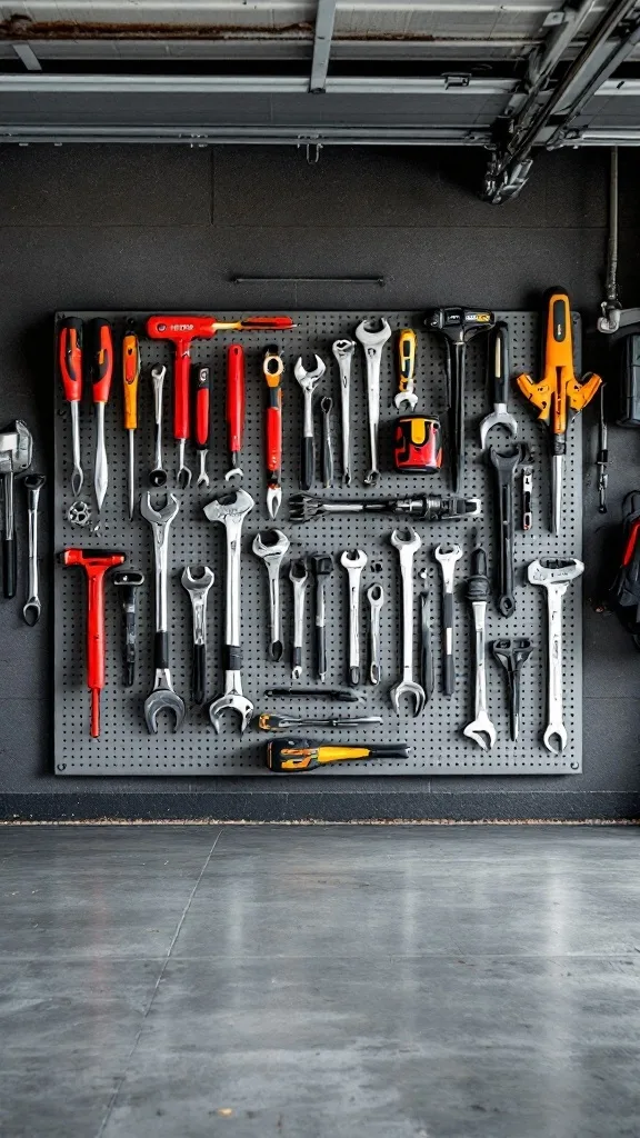 Customized tool wall with a variety of tools neatly organized on a pegboard