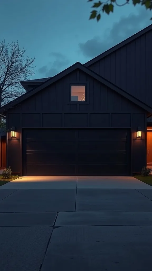 A modern garage with a dark exterior, illuminated by warm lights, set against a twilight sky.