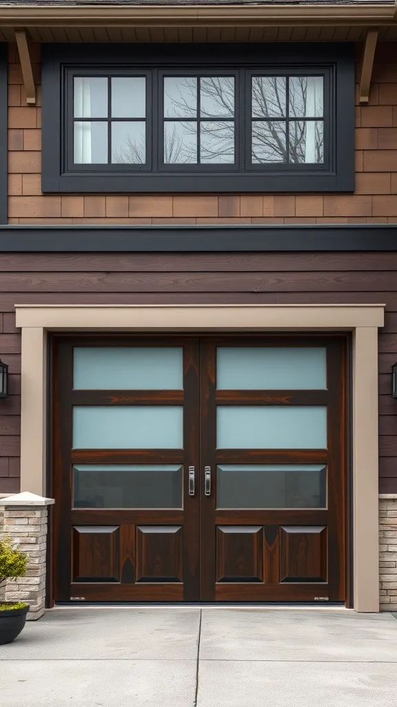 A modern dark wood panel garage door with frosted glass inserts.