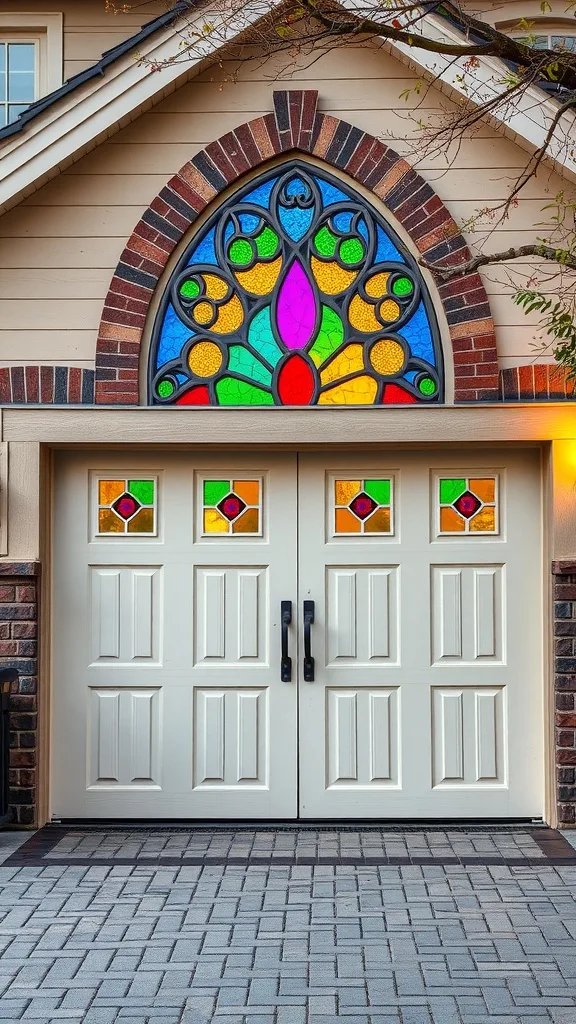 Decorative garage door with stained glass features, showcasing vibrant colors and an arched design.