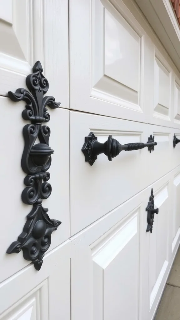 A peach-colored garage door with decorative black hardware that adds character.