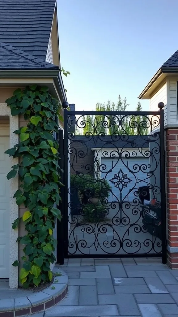 A decorative wrought iron gate with intricate designs, surrounded by green vines, leading to a garage area.