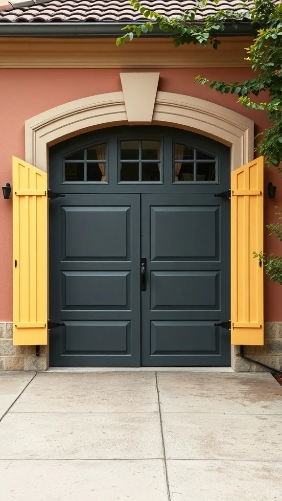 A garage door with decorative yellow shutters on a pink wall