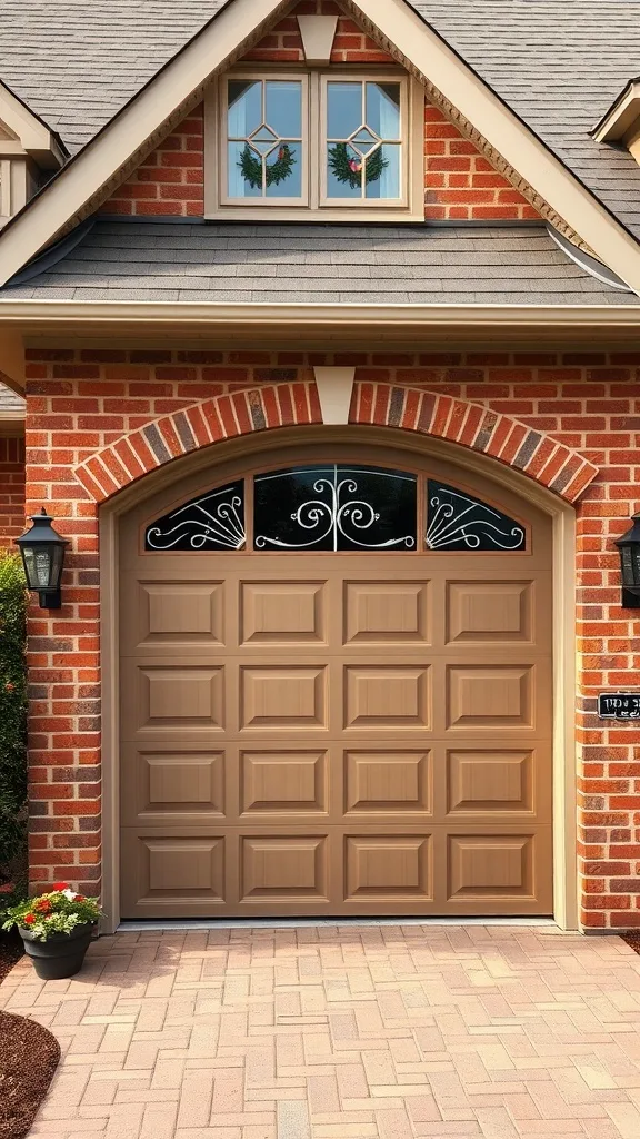 A decorative garage door with window inserts against a brick house, featuring a warm beige color.