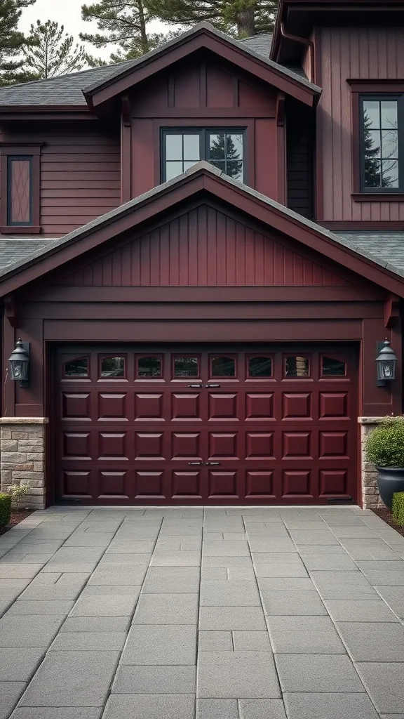 Garage exterior painted in deep burgundy with a textured garage door and stone accents.