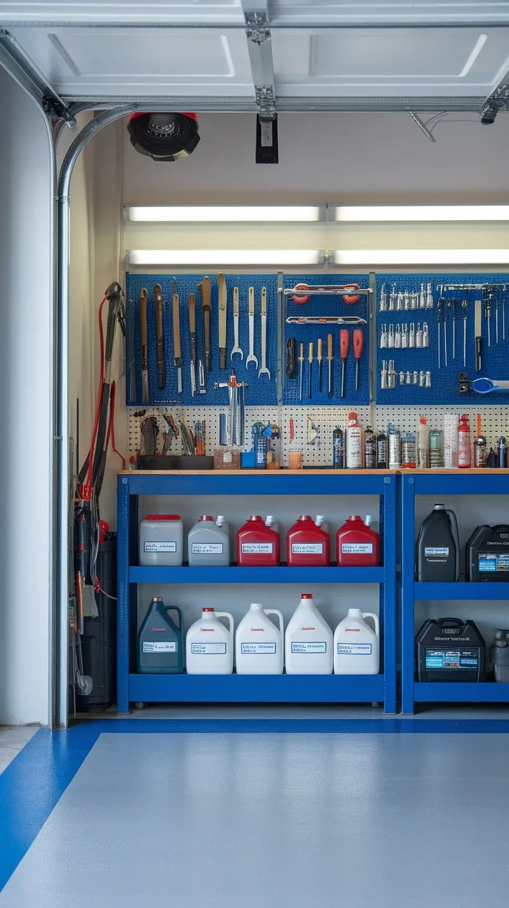 Organized garage workshop with tools and labeled fluid containers