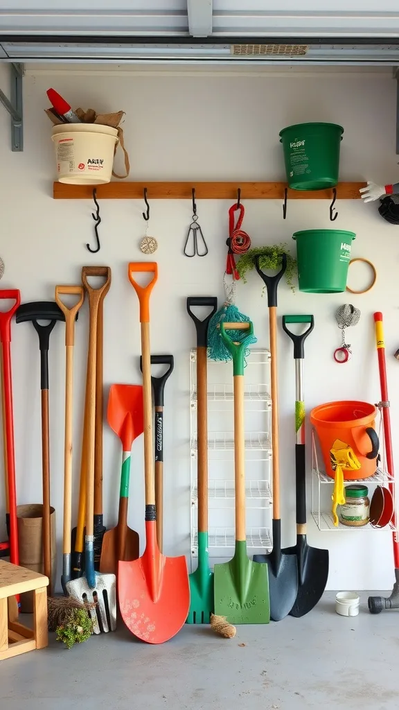 An organized garage wall with various garden tools hanging on hooks, showcasing a storage system for efficient access.