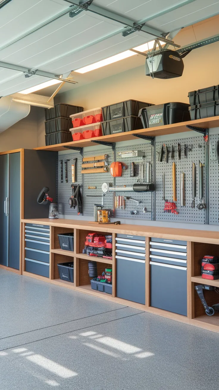 A well-organized garage workstation with tools, storage bins, and a neat workspace.