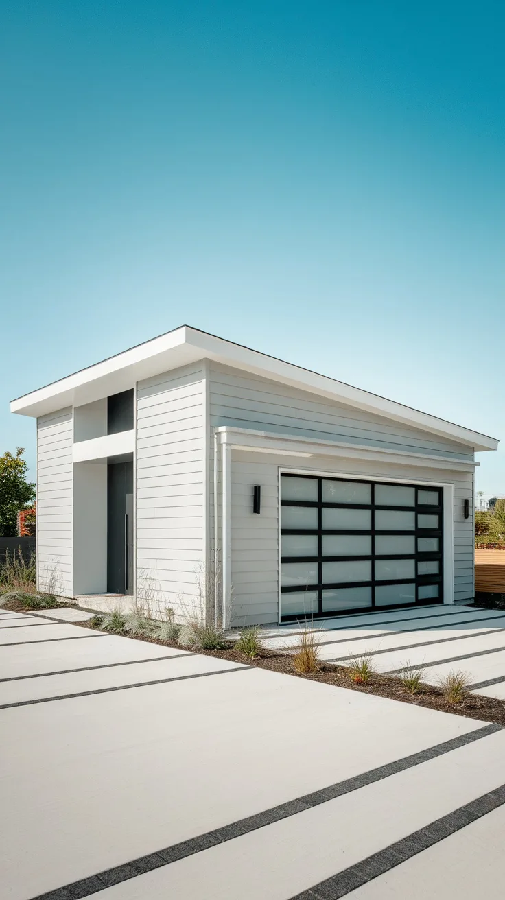 Modern garage with horizontal siding and large windows