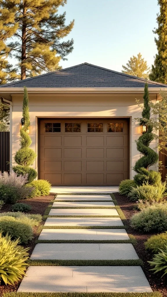 Symmetrical landscaping with stepping stones and rounded shrubs leading to a garage door.