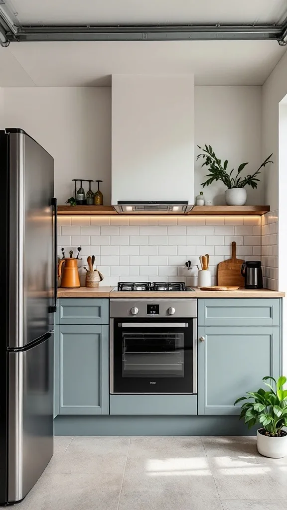 Compact kitchen featuring blue cabinets, wooden countertop, and modern appliances