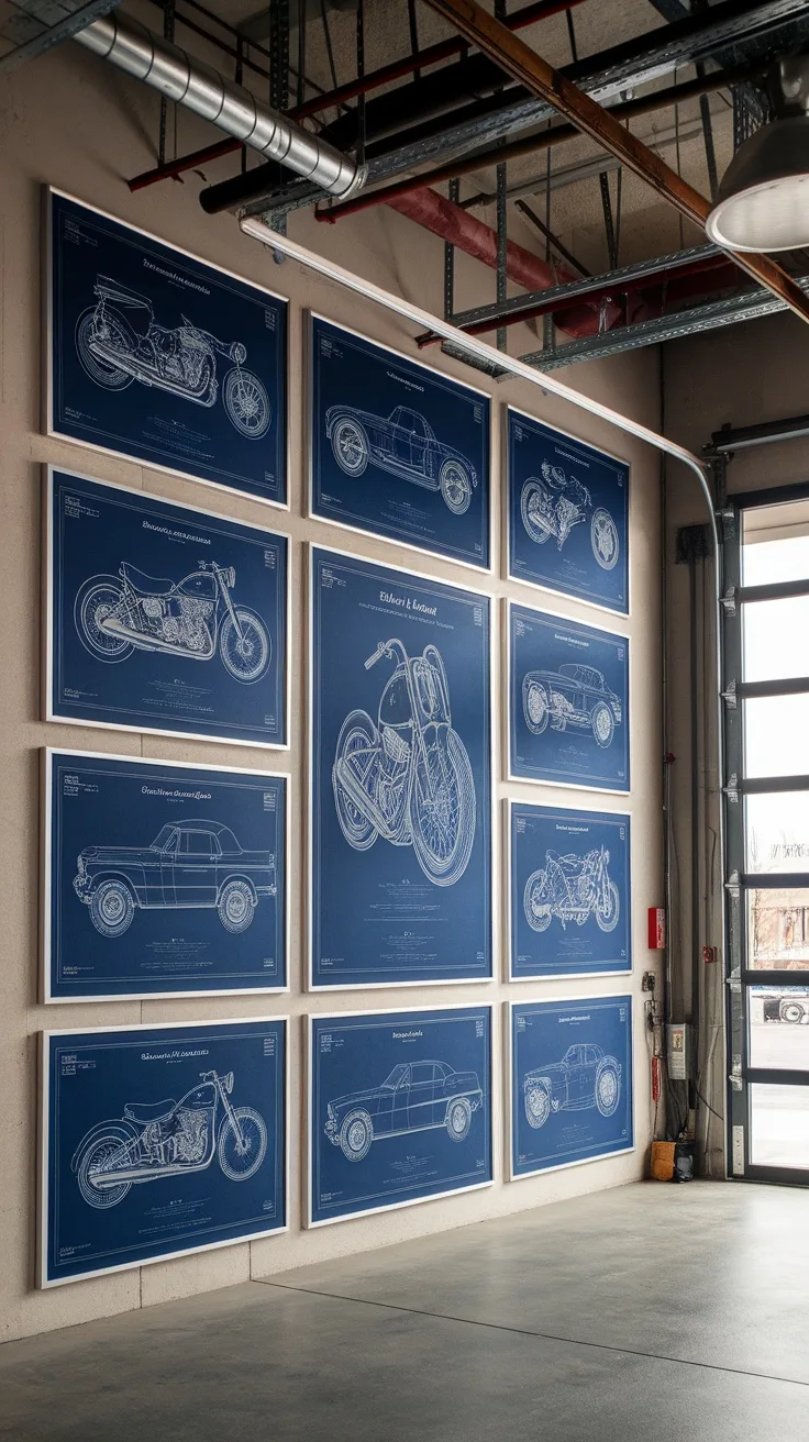 Framed blueprints of various vehicles displayed on a garage wall.