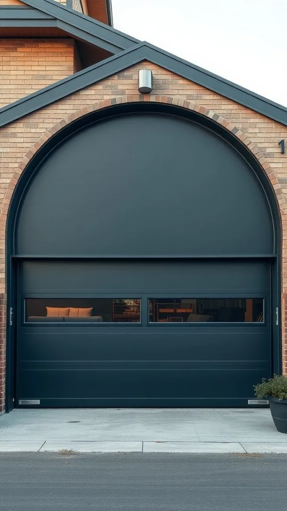 A distinctive arched steel garage door with windows in a modern home setting.