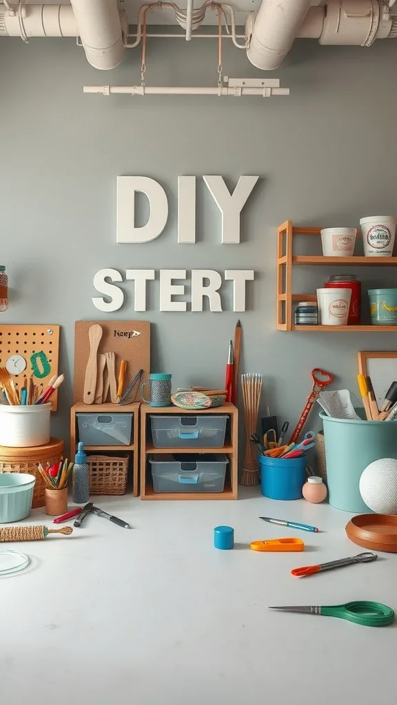 A well-organized DIY craft station in a garage with various tools and materials.