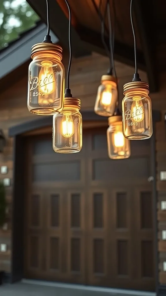 A set of mason jar lights hanging outside a garage, illuminating the area with a warm glow.