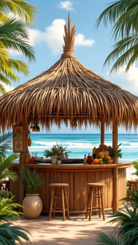 Tropical garage bar with a palapa roof and beach view