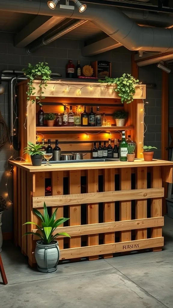 A DIY pallet bar in a garage with lights, plants, and various liquor bottles.