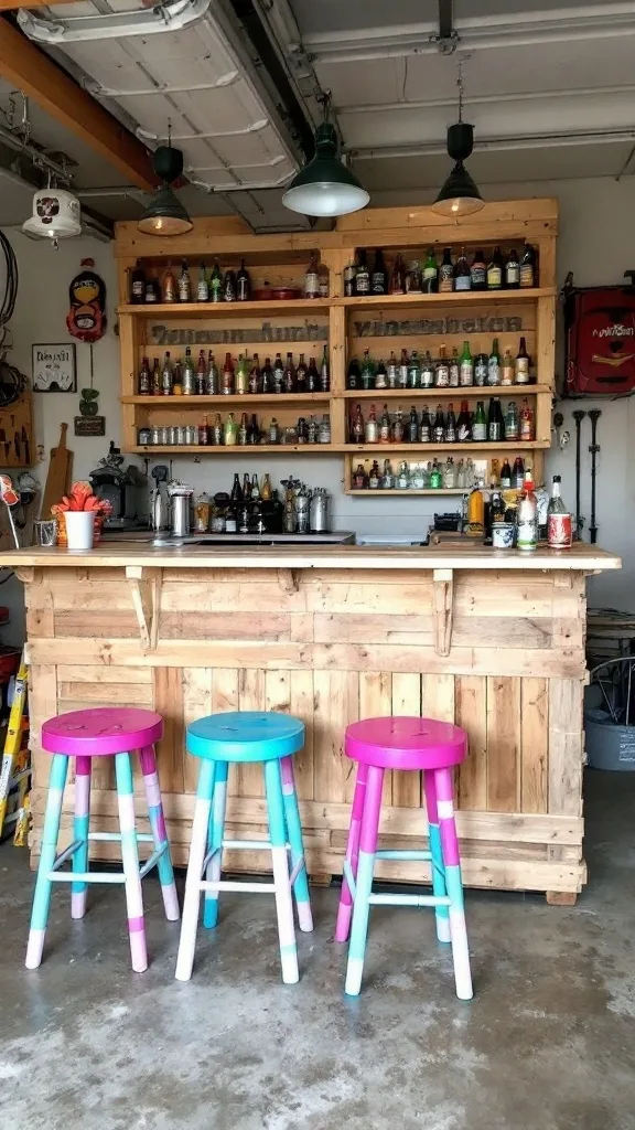 A DIY pallet bar with colorful stools and shelves filled with bottles.