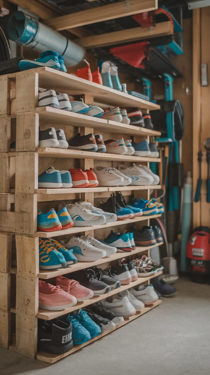 A wooden pallet shoe shelf displaying various pairs of shoes in a garage setting.