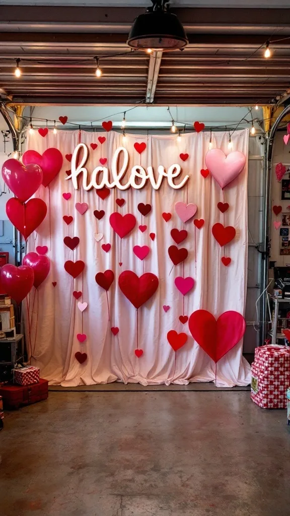 A DIY photo booth corner decorated with heart-shaped balloons and a sign that says 'halove'