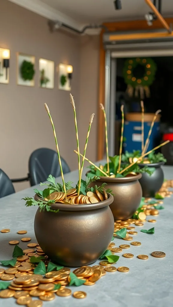 Three black pots filled with gold coins and greenery on a table, with gold coins scattered around.