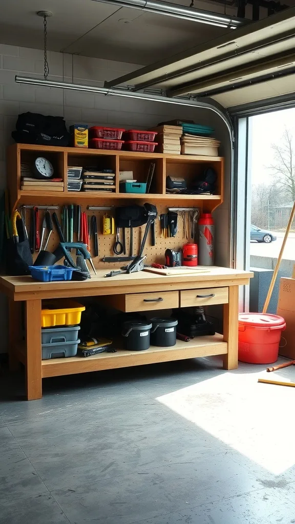 A wooden workbench with built-in storage in a garage, featuring tools, drawers, and a pegboard.