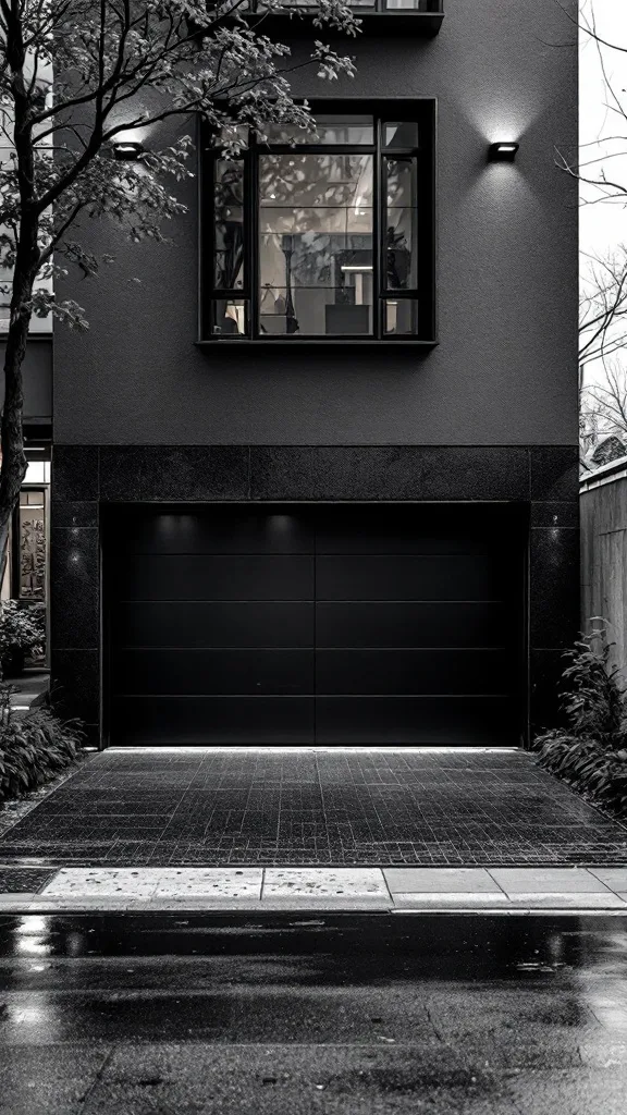 A modern black garage exterior with sleek walls and a polished floor.