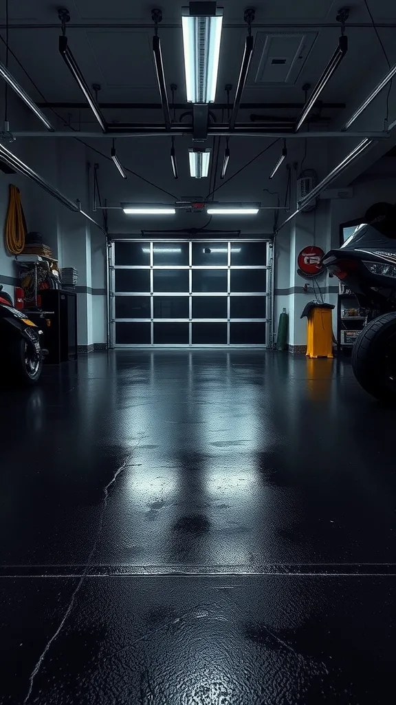 A garage with a dramatic jet black epoxy flooring, showcasing a sleek and modern look.