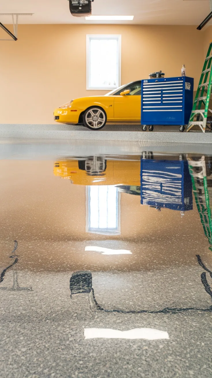 A sleek epoxy-coated garage floor reflecting a yellow car and garage tools