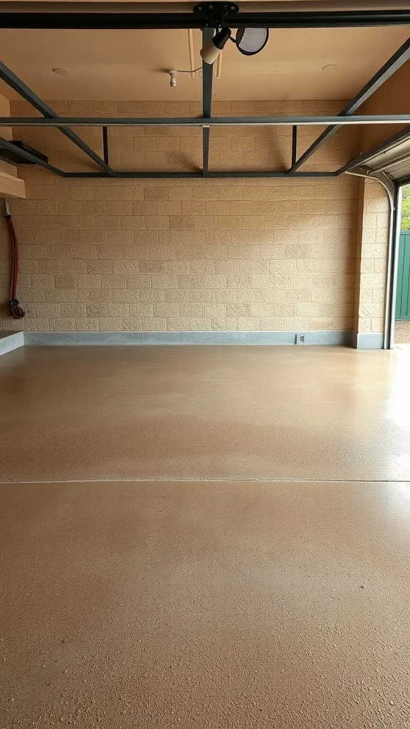 A garage with beige epoxy flooring and light-colored walls