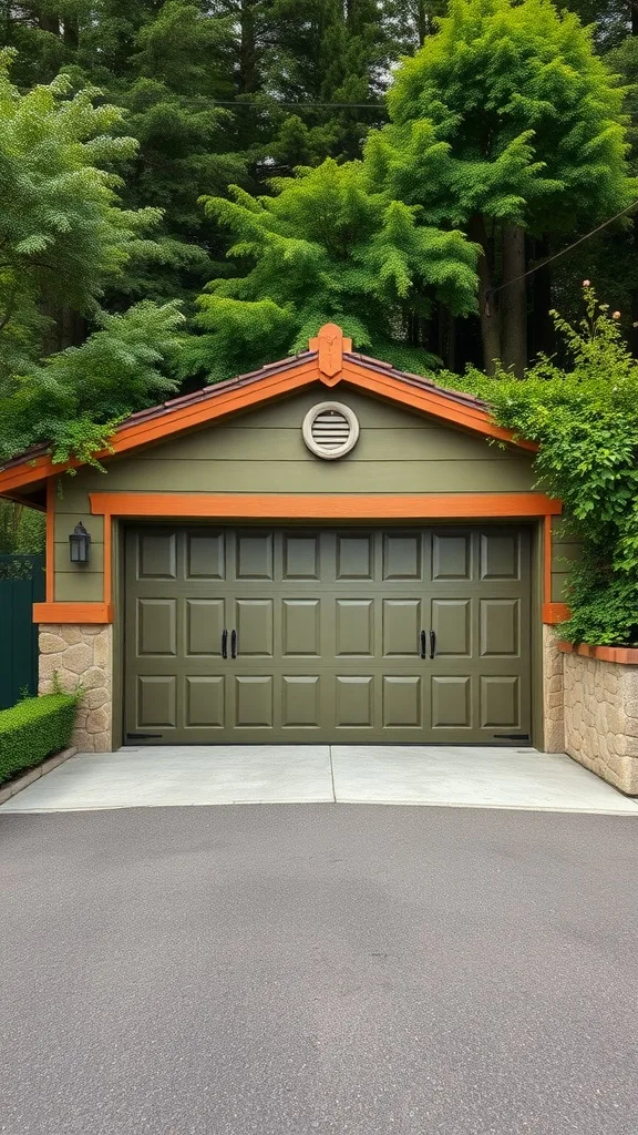 A garage with earthy green paint and orange accents, surrounded by trees.