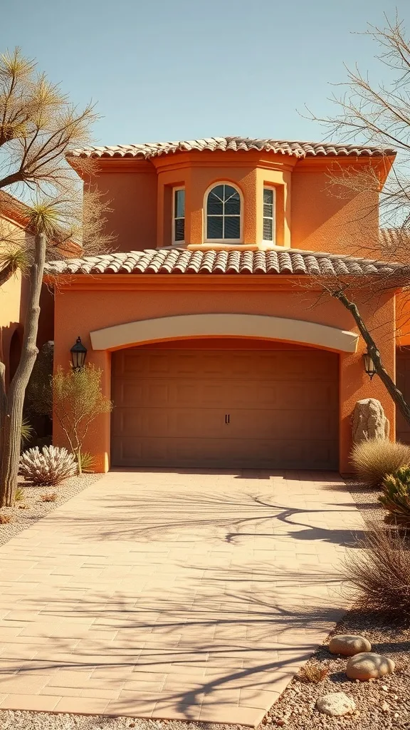 Terracotta garage with a smooth door and a desert landscape.