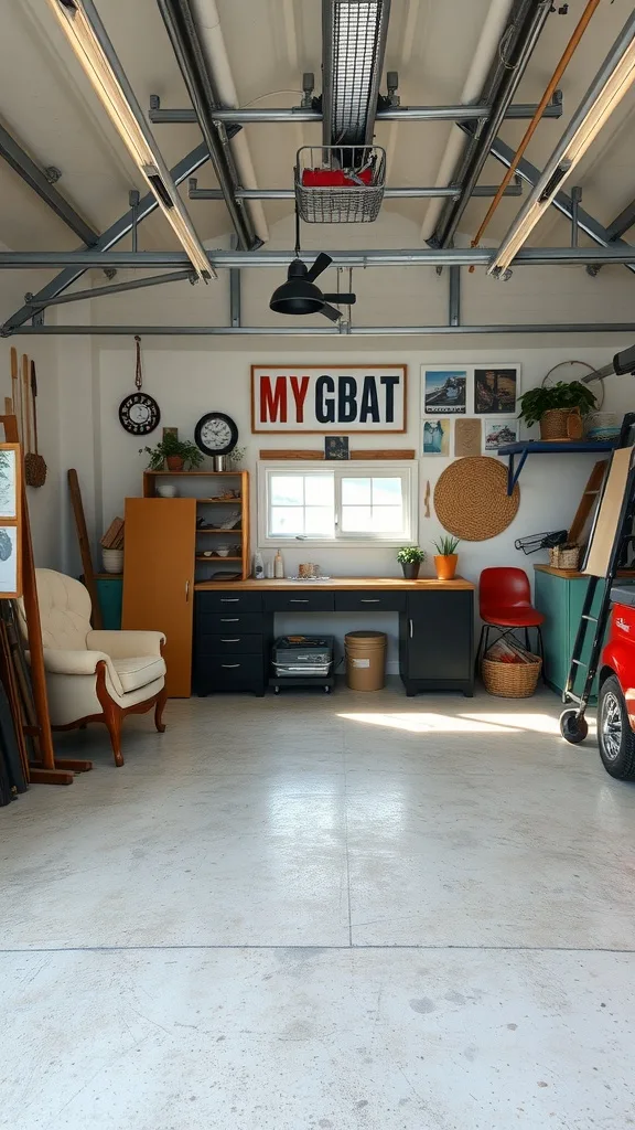 An eclectic garage art studio with a mix of furniture, decor, and artwork.