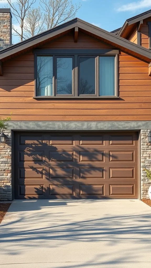 A modern eco-friendly composite garage door in brown color, with a stylish design and set against a neutral-toned house.