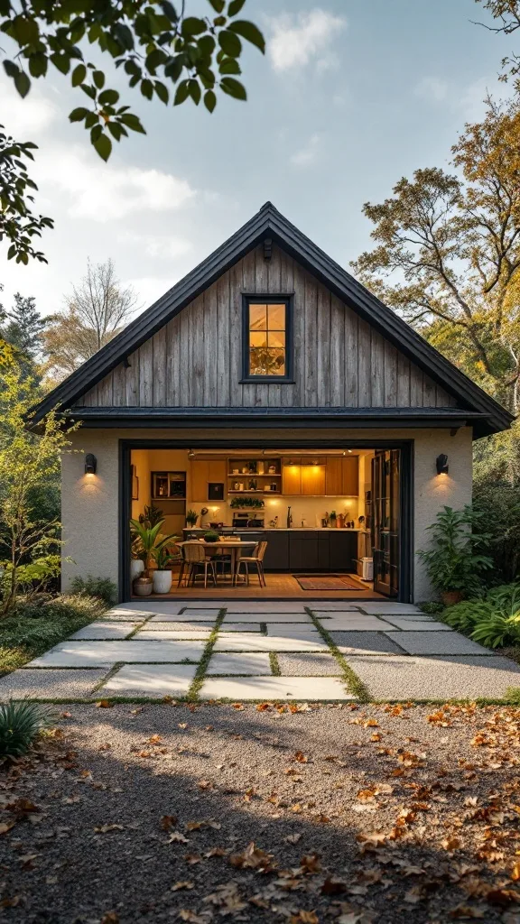 A cozy garage conversion studio apartment with open design, large windows, and lush greenery outside.