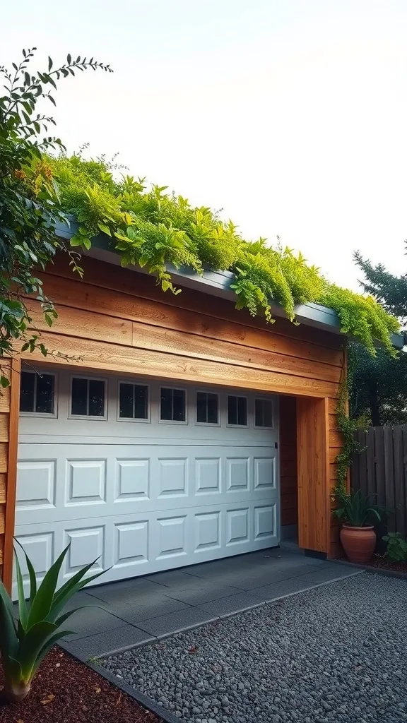 Eco-friendly garage with a lush green roof and wooden exterior