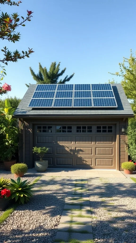 Eco-friendly garage featuring solar panels on the roof, surrounded by plants and a stone pathway.