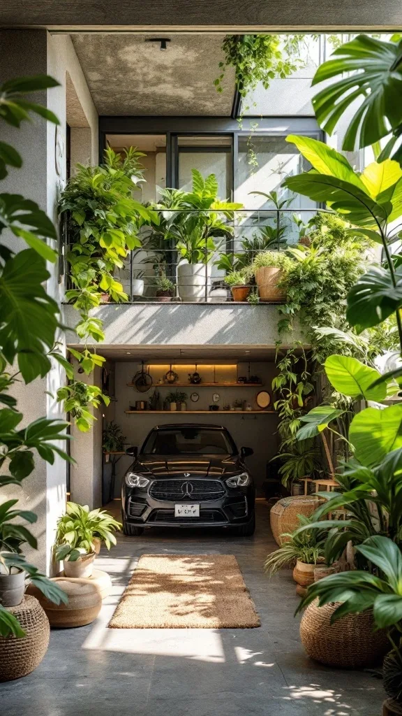 A bright eco-friendly retreat above a garage with plants, shelves, and wooden accents.