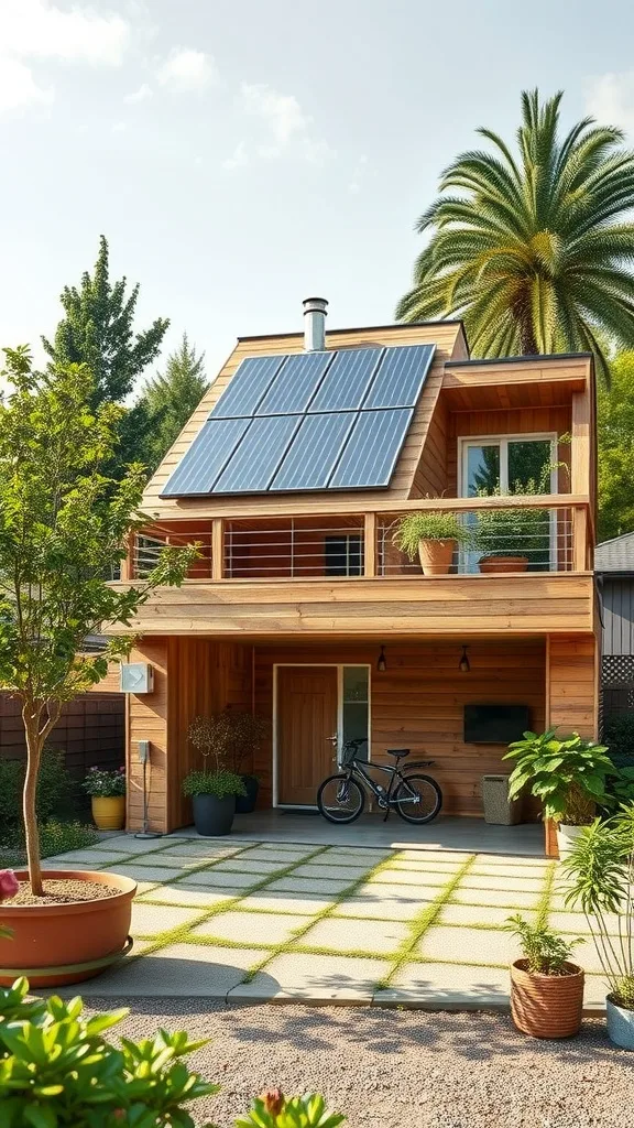 Eco-friendly garage apartment with solar panels and greenery