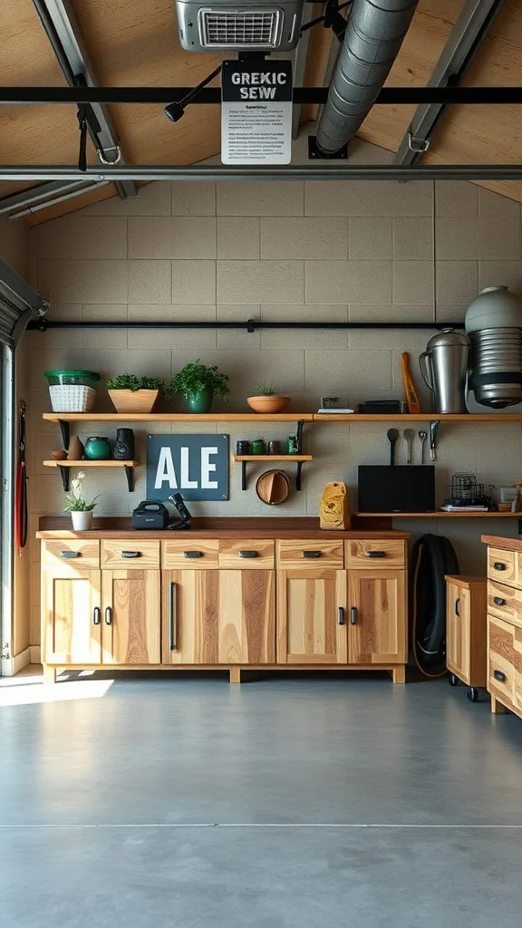 A garage featuring eco-friendly wooden cabinets, plants on shelves, and a clean, organized layout.