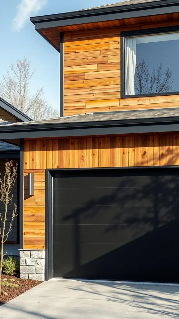 A modern home showcasing a black garage door and natural wood composite siding.