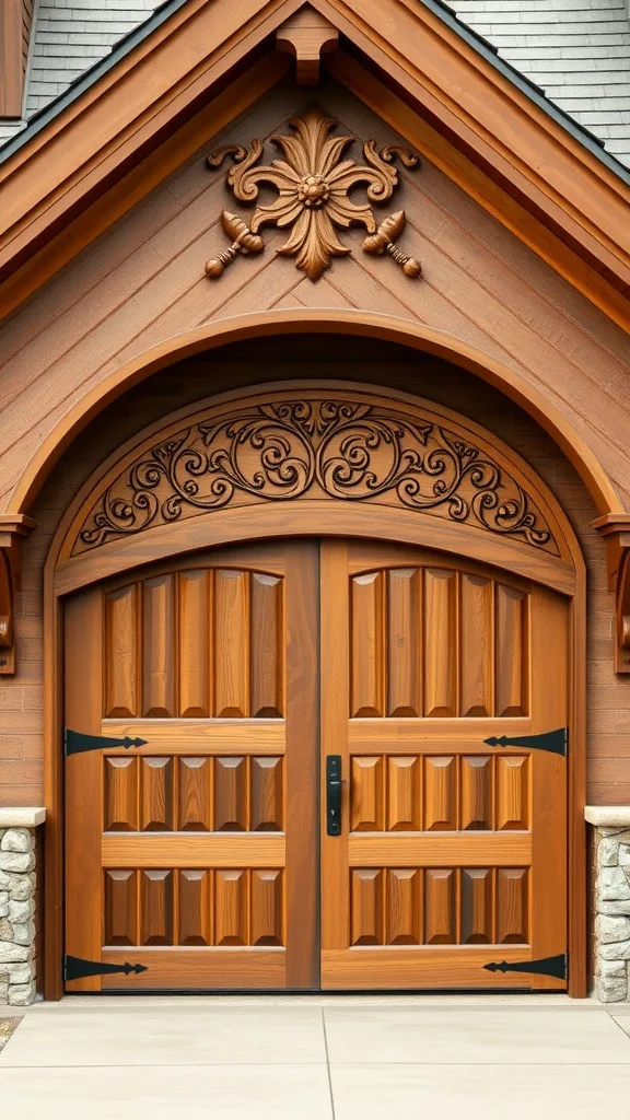 An elegant arched wooden garage door with decorative hinges and a textured finish.