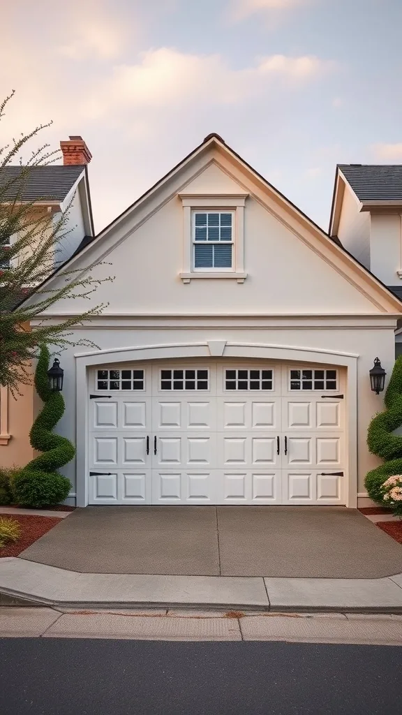 A stylish garage with creamy white exterior, featuring a decorative garage door and manicured shrubs.