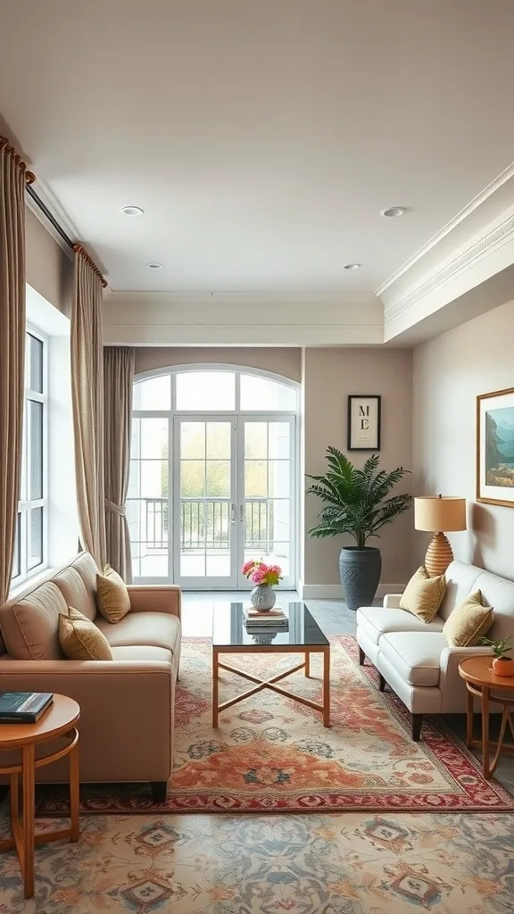 Elegant living area with soft colors, plush sofas, and natural light.